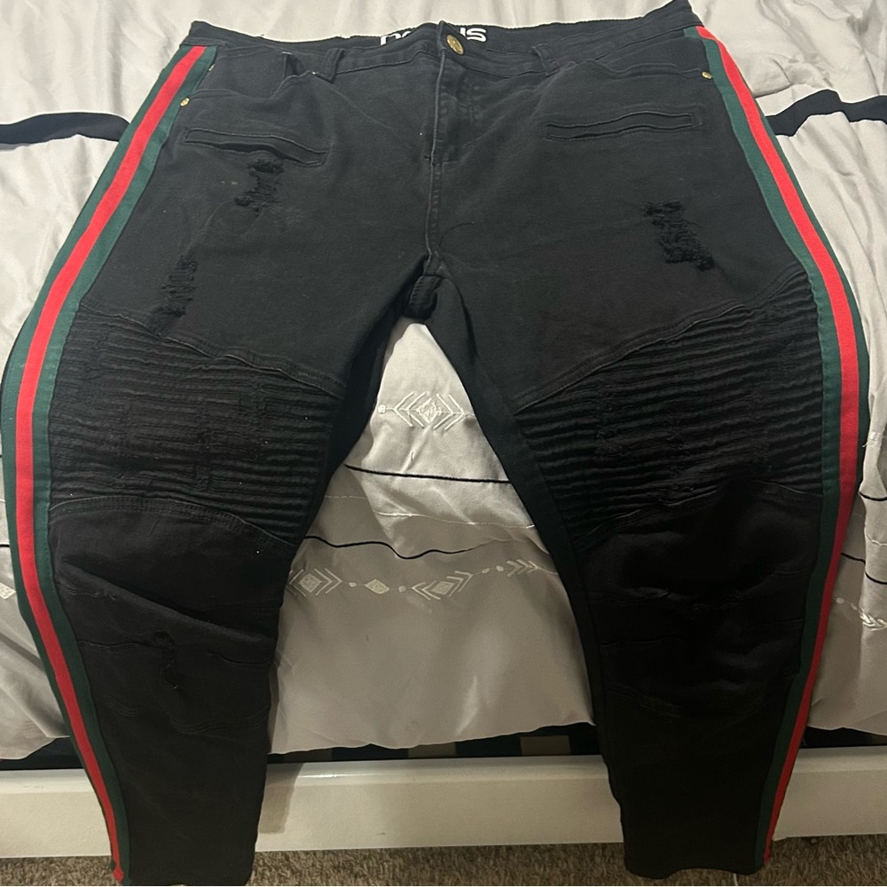Black Distressed Pants with Red and Green Stripes